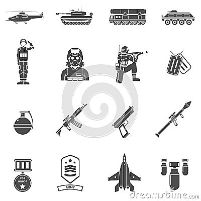 Army Black White Icons Set Vector Illustration