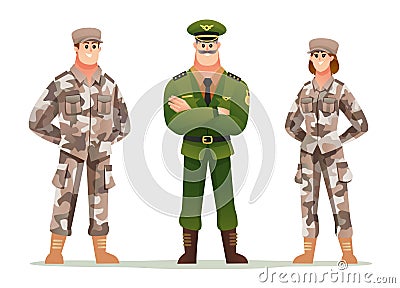 Army captain with man and woman soldiers cartoon character set Vector Illustration