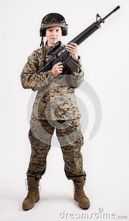 Army girl with gun Stock Photo