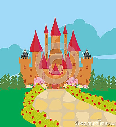 Army guarding castle on top wall Vector Illustration