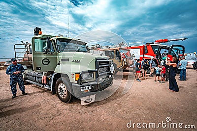 Avalon, Melbourne, Australia - Mar 3, 2019: Army and firefighting trucks Editorial Stock Photo