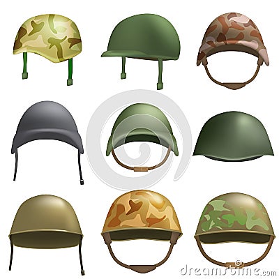 Army helmet soldier mockup set, realistic style Vector Illustration