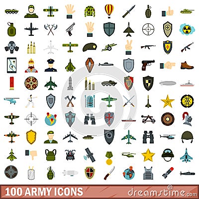 100 army icons set, flat style Vector Illustration