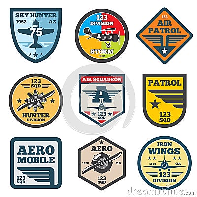 Army jet, aviation, air force vector labels, patch badges, emblems and logos set Vector Illustration