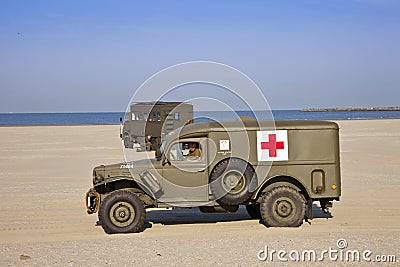 Army medical vehicle on beach Editorial Stock Photo