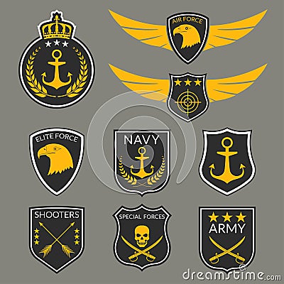 Army and Military badge and logo set. Air Force emblem with Wings and Eagle head. Navy labels with anchor. Military patches with s Vector Illustration