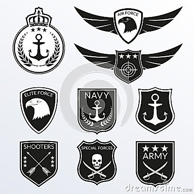 Army and Military badge and logo set. Air Force emblem with Wings and Eagle head. Navy labels with anchor. Military patches with s Vector Illustration