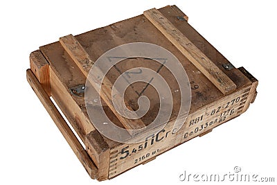 Army 5,45mm ammunition wooden crate. Text in russian - type of ammunition, projectile caliber, projectile type, number of pieces Stock Photo