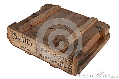Army 5,45mm ammunition wooden crate. Text in russian - type of ammunition, projectile caliber, projectile type, number of pieces Stock Photo