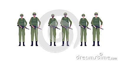 Army patriotism concept. Military infantry character in uniform. Vector flat people illustration. Man and woman group with helmet Cartoon Illustration