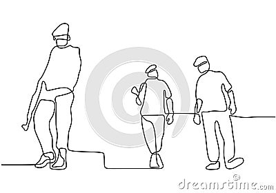 Army people standing with guns continuous one line drawing. Vector military concept during war. Concept of security, peace, and Vector Illustration