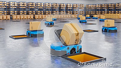 An army of robots efficiently sorting hundreds of parcels per hour(Automated guided vehicle) AGV Stock Photo