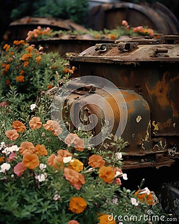 An army of rusty tanks once powerful and dangerous now engulfed by delicate blooms Abandoned landscape. AI generation Stock Photo
