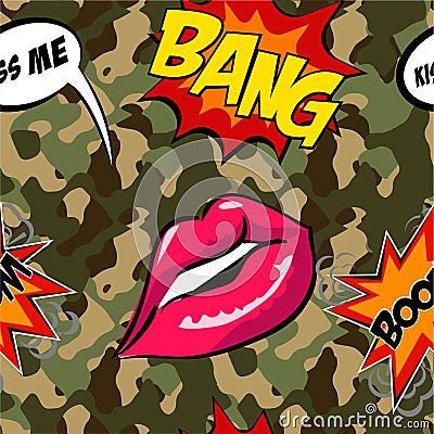 Army seamless pattern. Camouflage print with cool patches. Hand drawn camo fashion background with pop art badges Vector Illustration