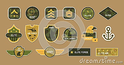 Army stickers set. Military eagle, elite, patrol, air force decorative special soldier logotype Vector Illustration