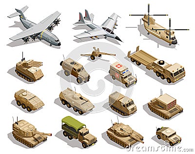 Military Transport Isometric Icons Set Vector Illustration