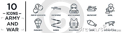 army.and.war linear icon set. includes thin line pair of handcuffs, army backpack, naval, barbed, bomb, automatic gun, parachute Vector Illustration