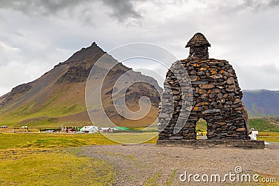 View of the Bardar Saga Snaefellsass Statue, Arnarstapi, Iceland Editorial Stock Photo