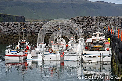 boats in port of Arnarstapi on Snaefellsnes Peninsula in Iceland Editorial Stock Photo