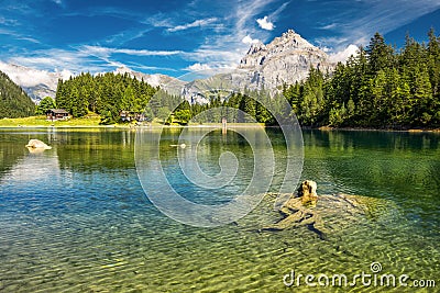 Arnisee with Swiss Alps. Arnisee is a reservoir in the Canton of Uri, Switzerland, Europe Stock Photo