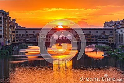 Arno and Ponte Vecchio at sunset, Florence, Italy Stock Photo