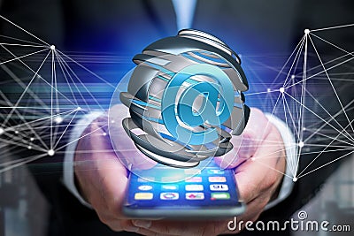 Arobase symbol displayed in a sliced sphere - 3D rendering Stock Photo