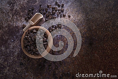 Aroma of Coffee beans on wooden table Stock Photo
