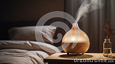 Aroma oil diffuser on table against in minimalist bedr. Generative AI Stock Photo