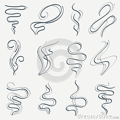 Aroma and smoke line stream. Smell linear trails vector set Vector Illustration