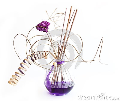 Aroma sticks in bottle with lavender oil Stock Photo