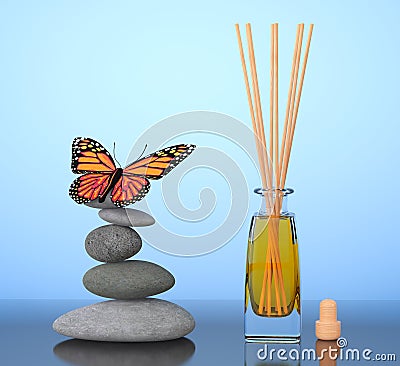 Aromatherapy Air Freshener and Balanced Stones with Butterfly. 3 Stock Photo