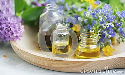 Aromatherapy. Natural medicinal plants and herbs oil bottles, natural floral extracts and oils, natural oils Stock Photo