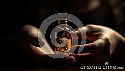 Aromatherapy oil bottle held by human hand for relaxation and wellbeing generated by AI Stock Photo