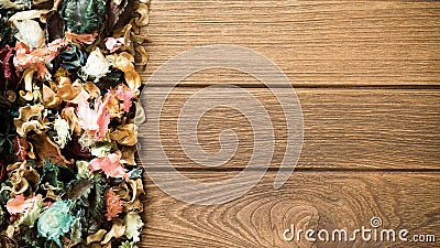 Aromatherapy potpourri mix of dried aromatic flowers on wooden b Stock Photo