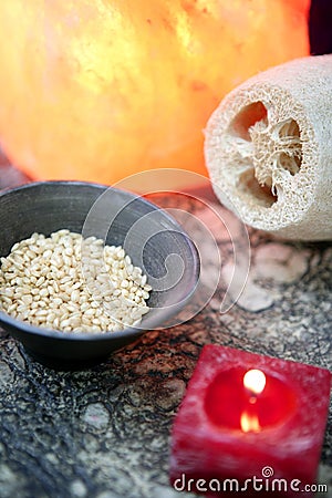 Aromatherapy, red candle, sea marine sponge Stock Photo