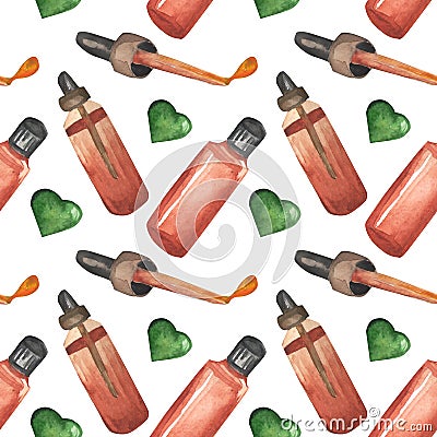 Aromatherapy seamless pattern. Colorful pattern with flowers, pills and essential oil on a white background Stock Photo