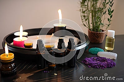aromatherapy session with a mix of essential oils and healing music Stock Photo