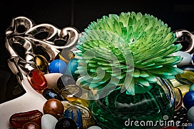 Aromatic Air Purifier In Glass Bowl A Decorative Pieces For Coffee Table With Colorful Marbles Stock Photo