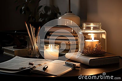 aromatic candle illuminating a cozy study nook, with books and papers strewn about Stock Photo