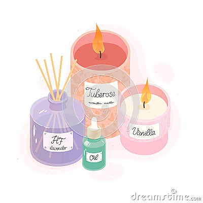 Aromatic candles,deffuser and essential oil vector illustration set Vector Illustration