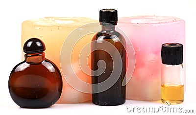 Aromatic candles and perfume bottles Stock Photo