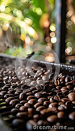 Aromatic coffee beans roasting on a modern machine to enhance flavor for a delightful brew Stock Photo