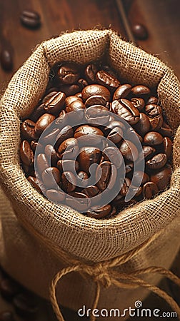 Aromatic coffee scene Closeup of beans in burlap bag on wood Stock Photo