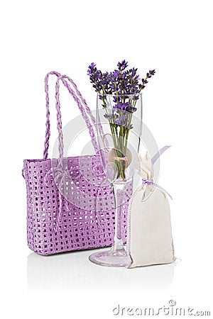 Aromatic collection: lavender flower in a glass, aroma bag with lavender flowers, bag Stock Photo