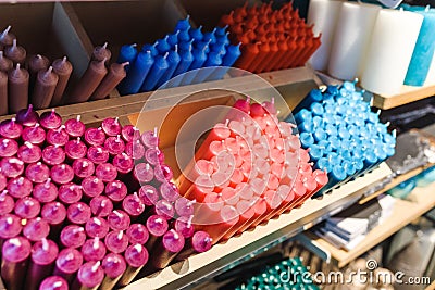 colorful candles in a candle store Stock Photo