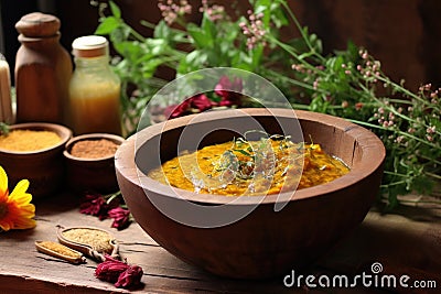 aromatic curry paste in a wooden bowl Stock Photo