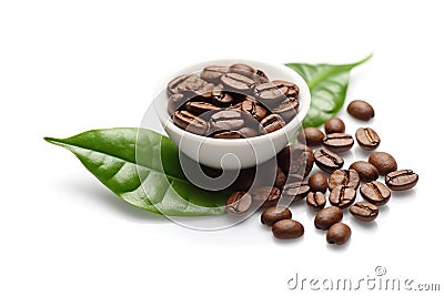 Aromatic Harmony Close-Up of Coffee Beans and Leaves on a Solate White Background. created with Generative AI Stock Photo