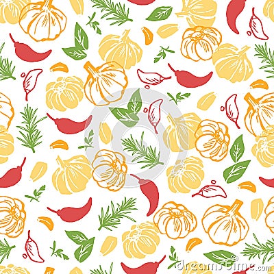 Aromatic Herbs Condiment and Ingredients Vector Graphic Seamless Pattern Vector Illustration