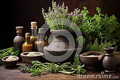 aromatic herbs with mortar and pestle, essential oil bottles Stock Photo