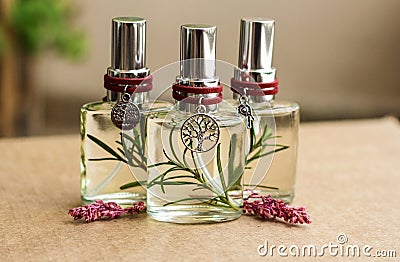 Aromatic home spray air freshener in a transparent glass bottle Stock Photo